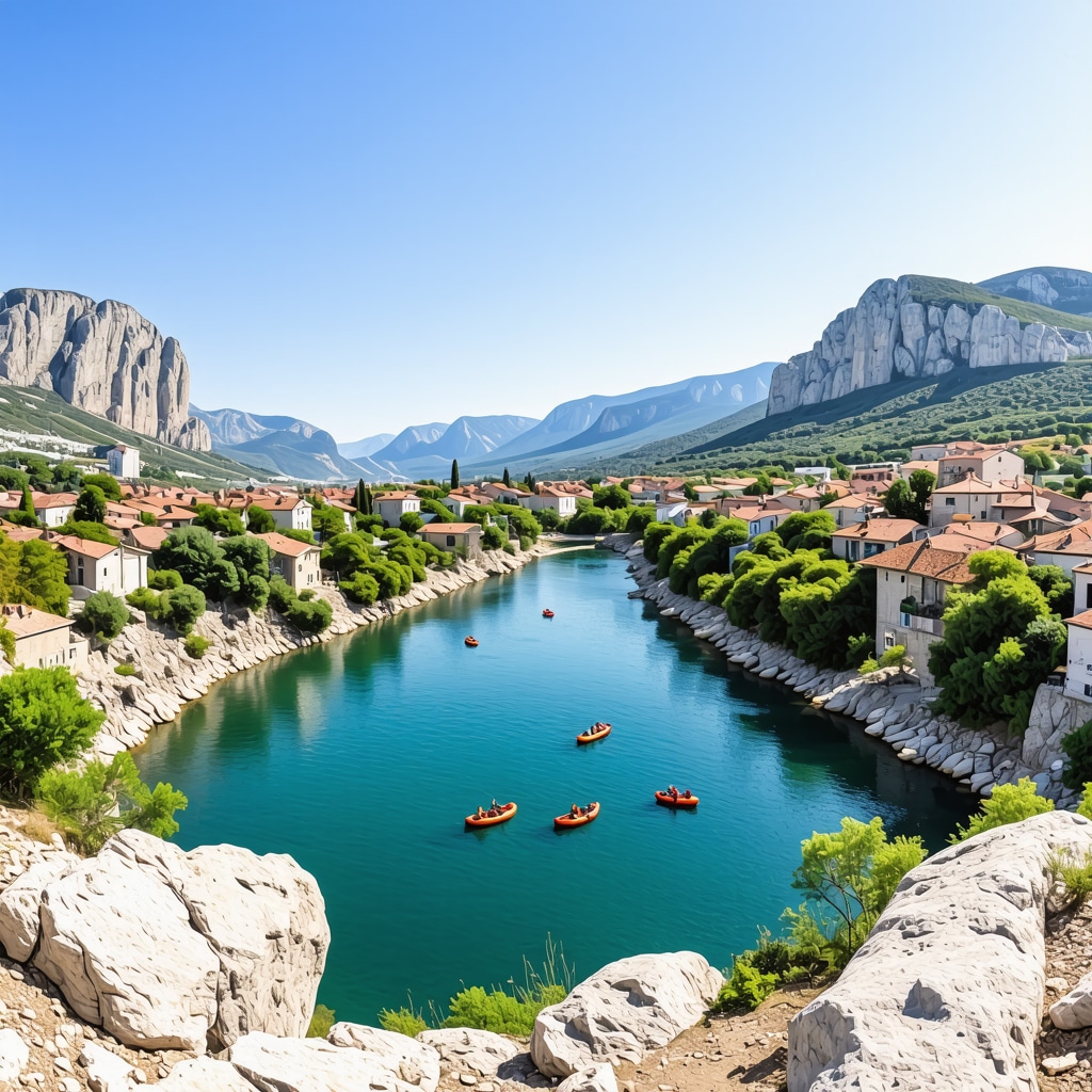 Panoramic view of Omiš with Cetina river and tourists rafting and climbing