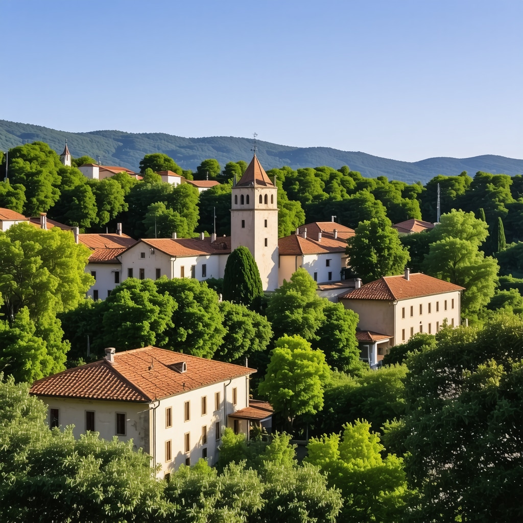 Panoramic image showing Cetinje's historic buildings alongside modern digital exhibits and green landscapes