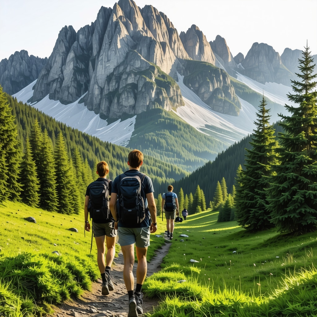 Hikers on a mountain trail in Peć region using GPS devices and traditional maps surrounded by forest and rocky peaks