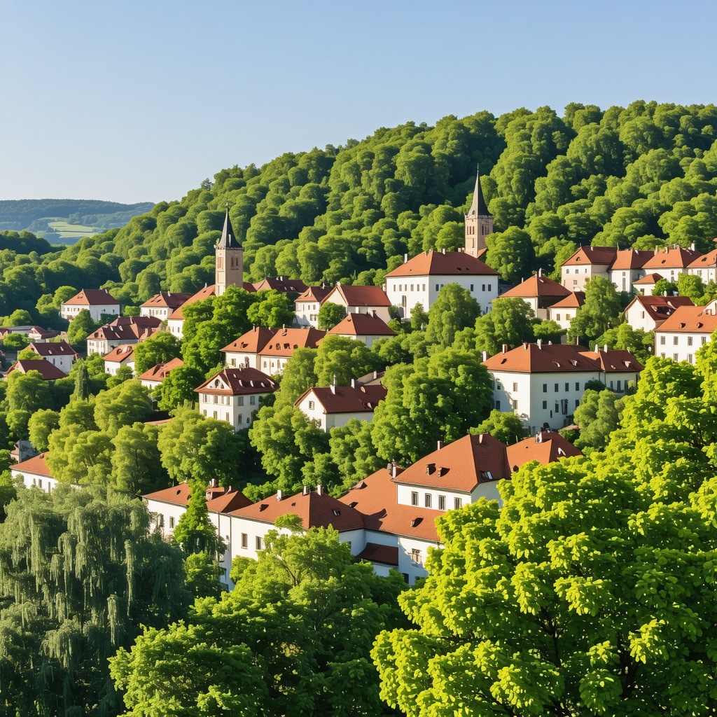 Scenic panorama of Celje with historical architecture and green landscape during spring.