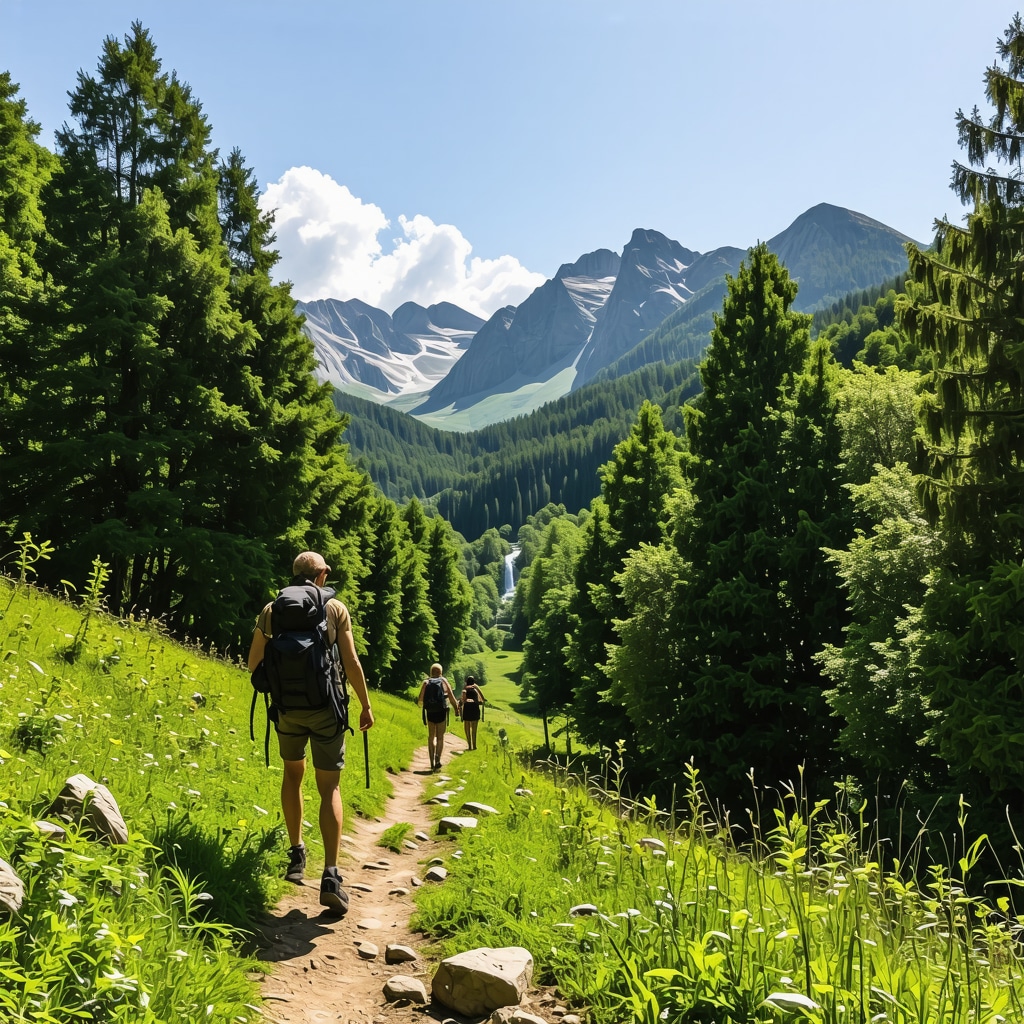 Hikers walking on lush green mountain trails near waterfalls in Foča