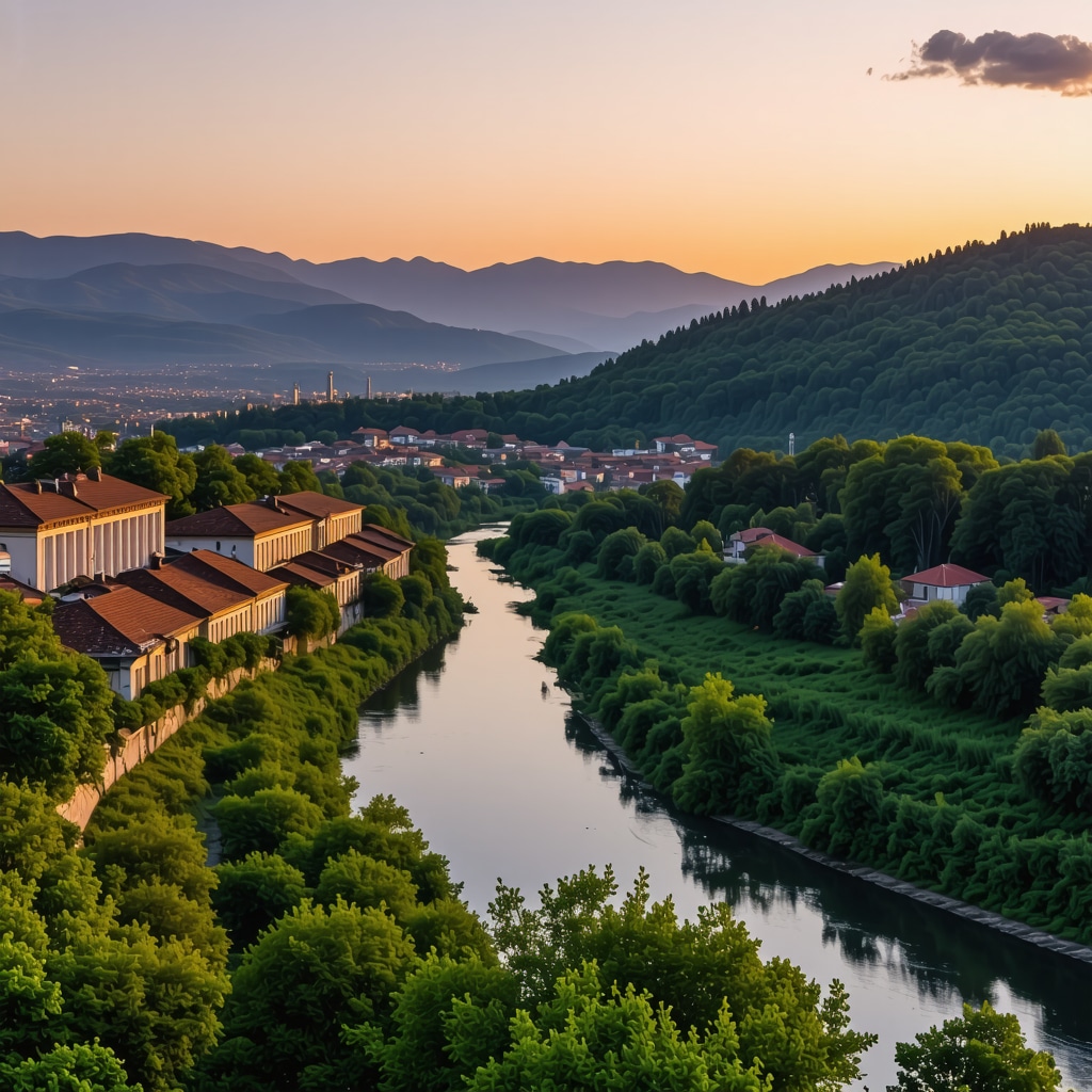 Scenic panoramic view of Kičevo showing mountains, river, and historical sites at sunset