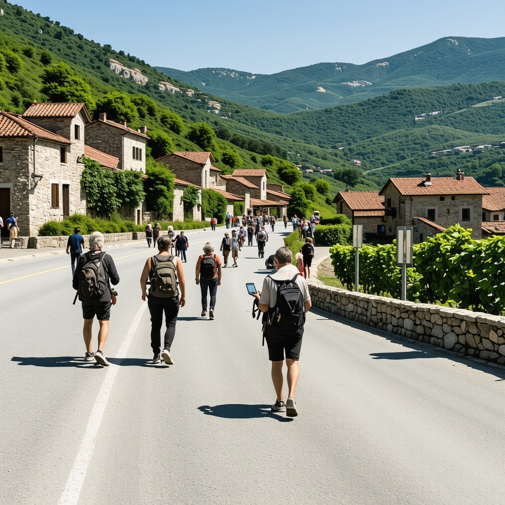 Melnik mountainous roads with traditional wine cellars and tourists using digital navigation apps