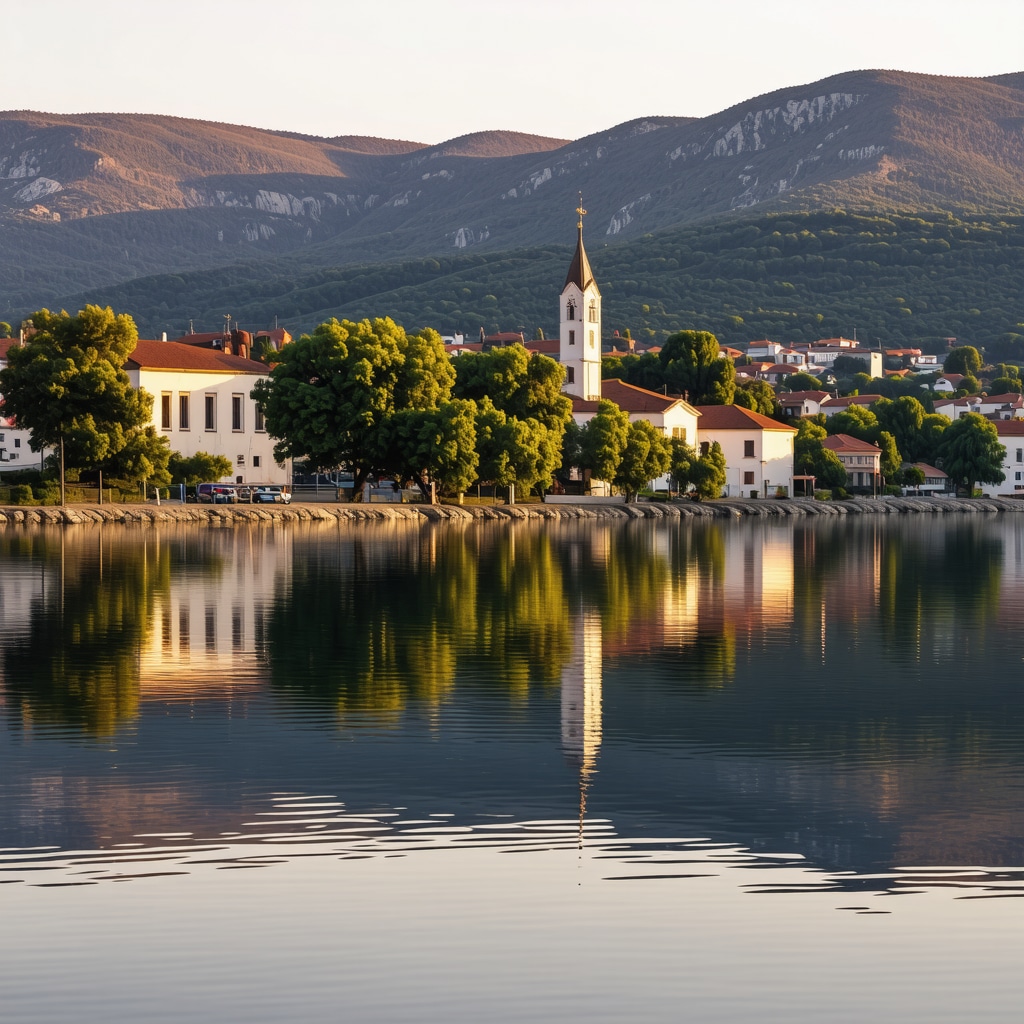 Ohrid Lake reflecting historic buildings and church spires at sunset