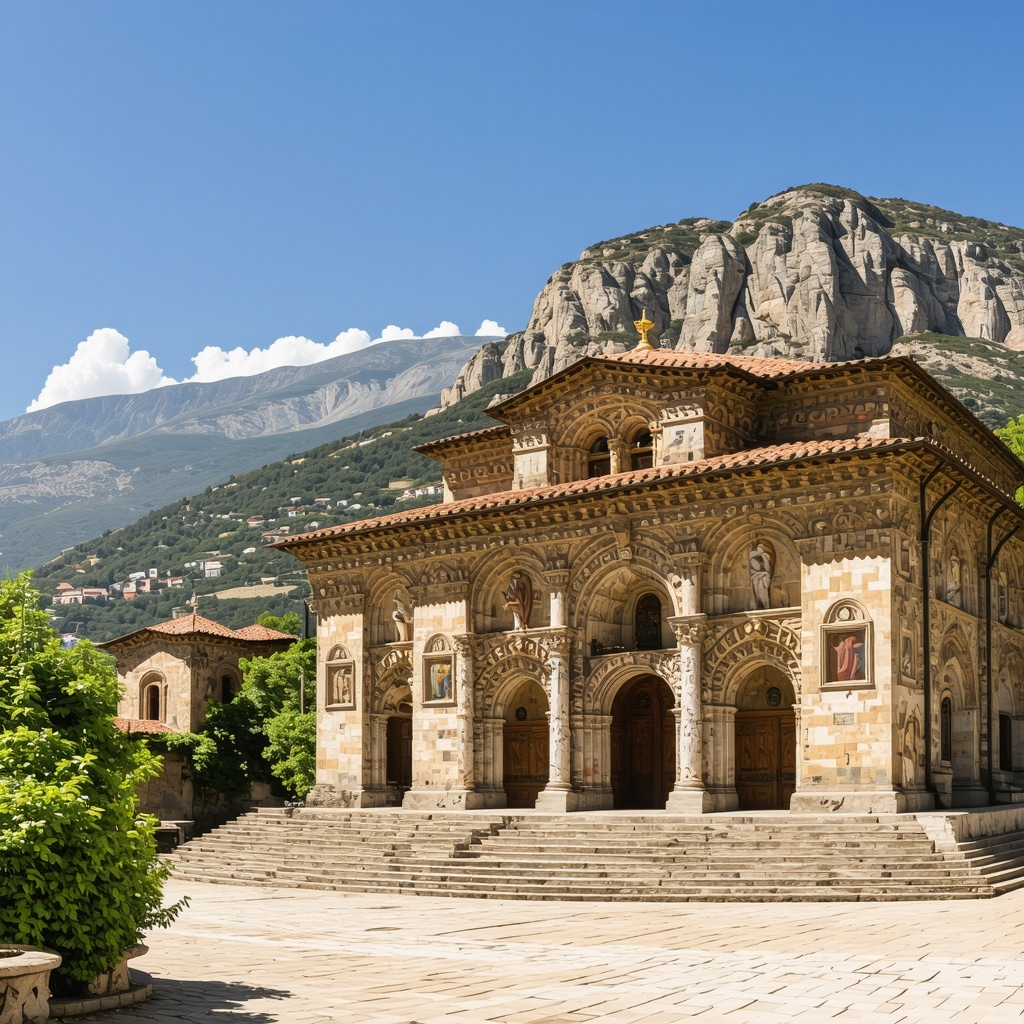 Rila Monastery surrounded by Rila Mountains showing detailed frescoes inside the church