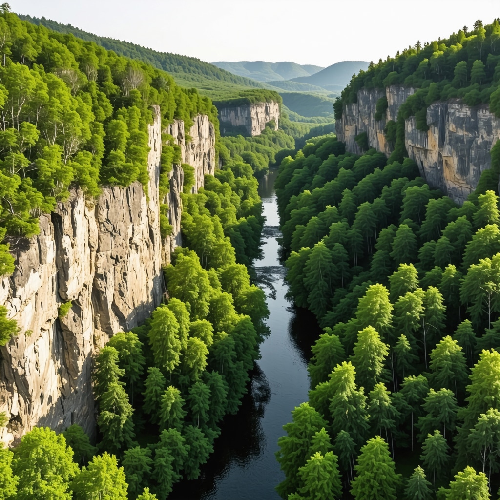 Aerial shot of Rugov canyon showcasing lush green landscape and river