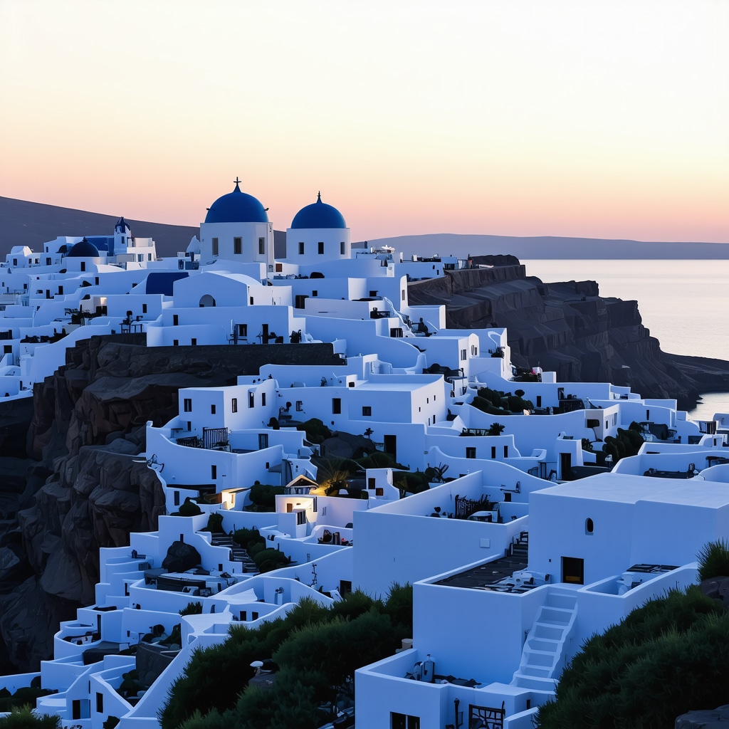 A stunning aerial photograph of Santorini's white buildings and blue domes during sunset, highlighting its scenic beauty.