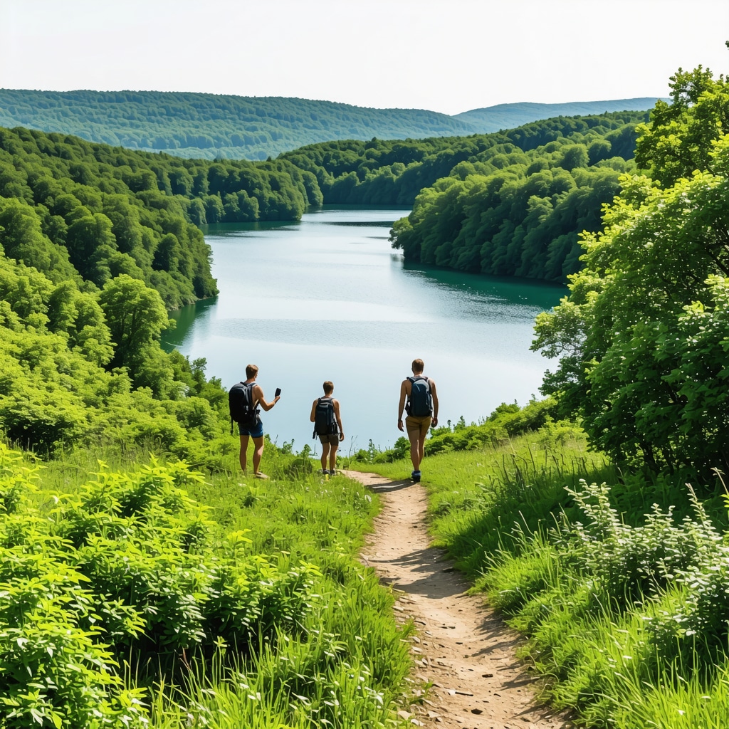 Scenic view of Srebrno Jezero with forest trails and hikers using GPS technology