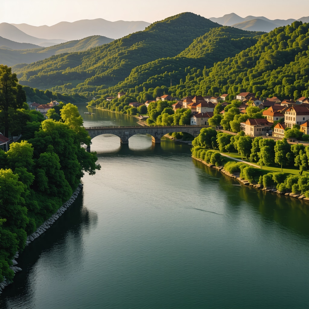 Scenic panoramic view of Višegrad with Mehmed-paša Sokolović bridge surrounded by green hills and Drina river at sunset