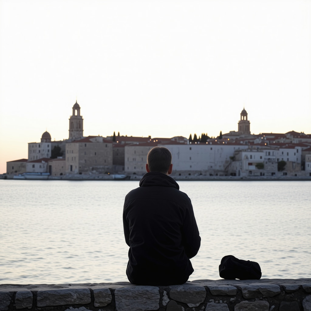 Traveler reflecting on historical sites and modern scenery in Zadar during sunset.