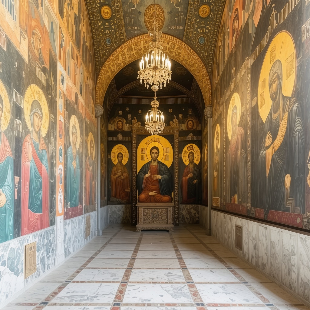 Interior view of Rila Monastery with icons and peaceful ambiance