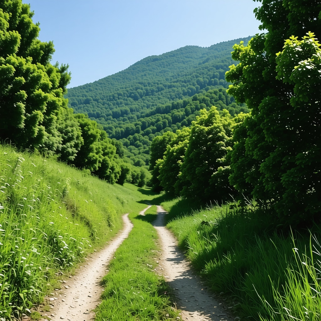 Mountain trail in Pljevlja with lush greenery and blue sky