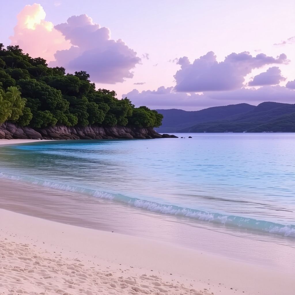 A serene secluded beach with turquoise water and sunset sky, ideal for personal travel experiences.