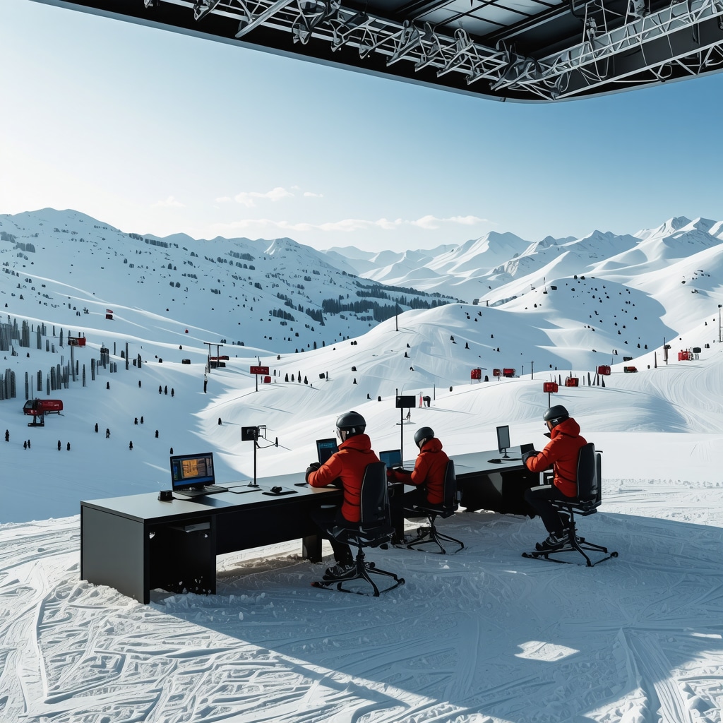 A modern ski resort control room with screens showing real-time data on ski slopes and weather conditions, illustrating technological innovations in winter tourism