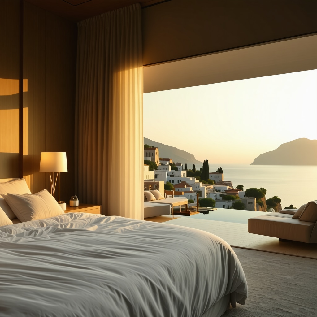 Luxury hotel room featuring AI smart controls with panoramic Adriatic Sea view and traditional architectural elements in Sveti Stefan