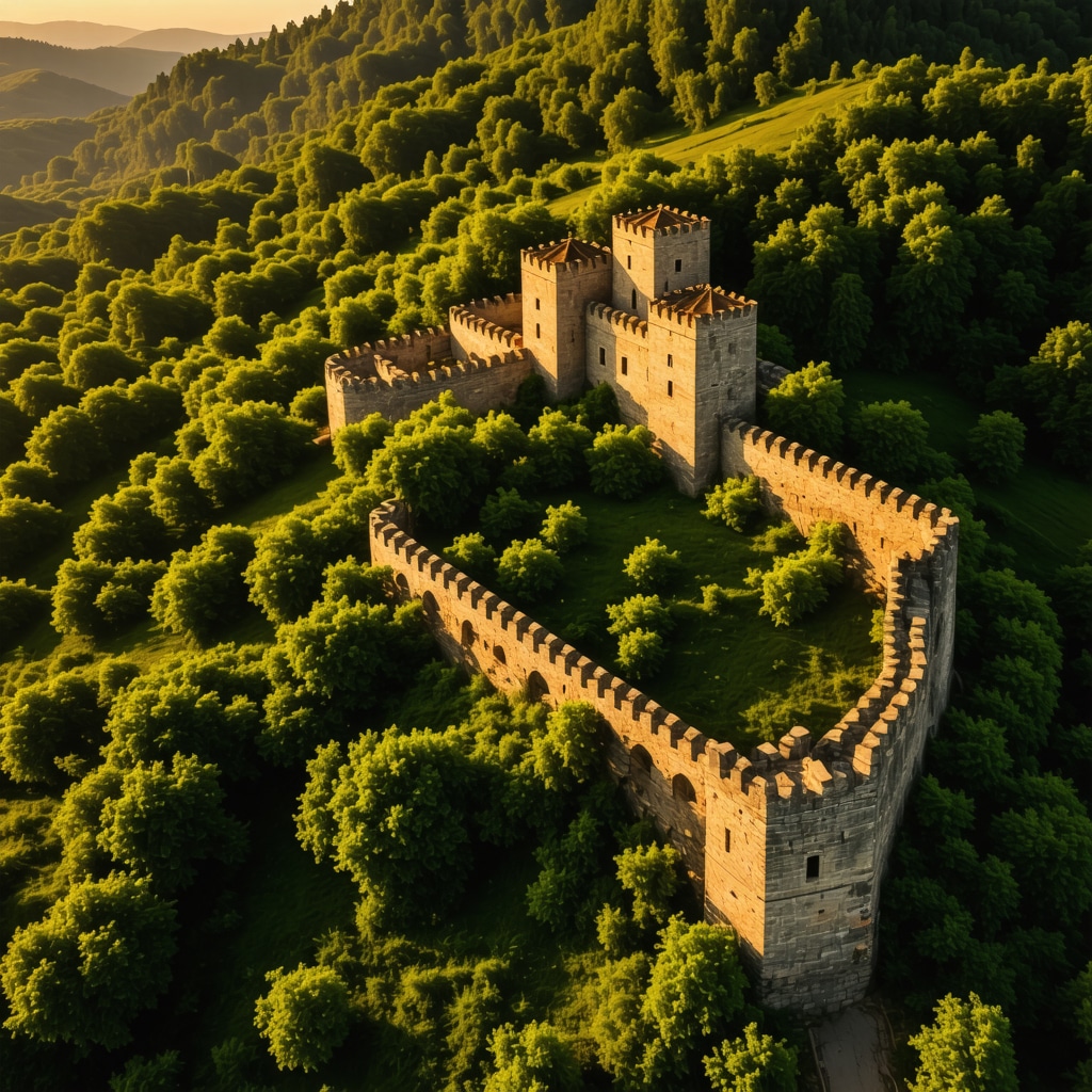 Aerial view of the historic Soko Grad fortress amidst green scenery at sunrise