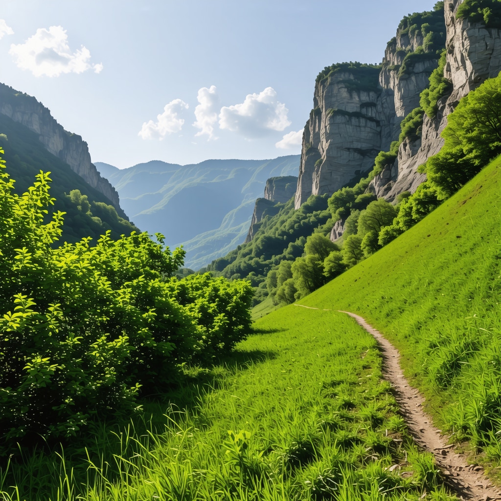 Hiking trail in Rugova Canyon with lush green surroundings