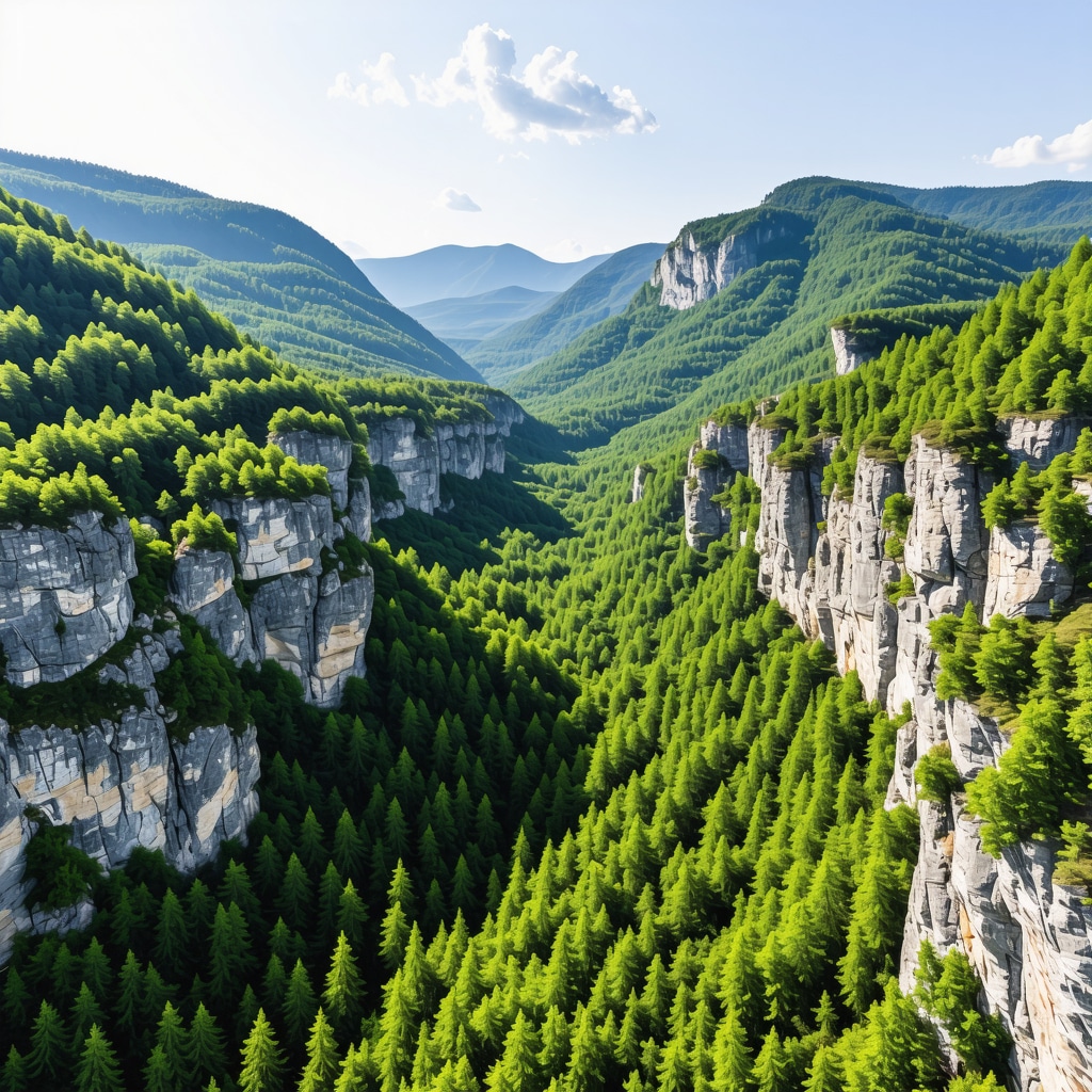 A panoramic aerial shot of Rugova canyon showcasing steep cliffs and lush forest