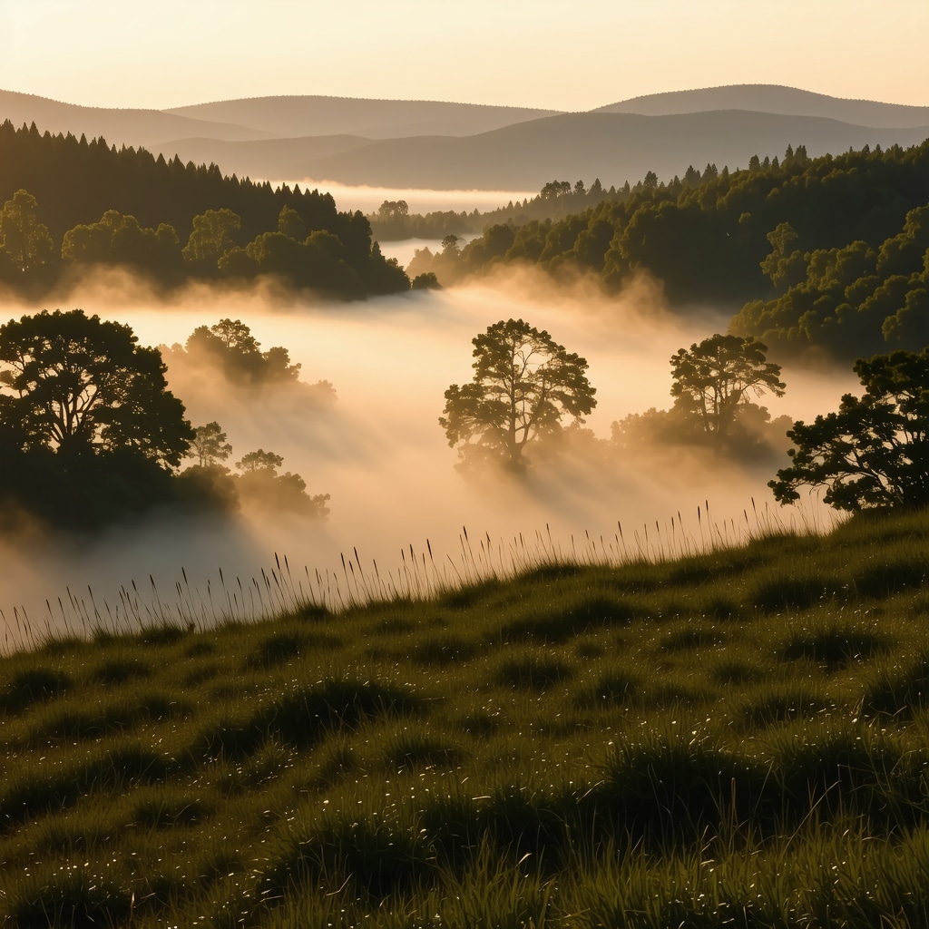 Landscape during sunrise with fog and golden light