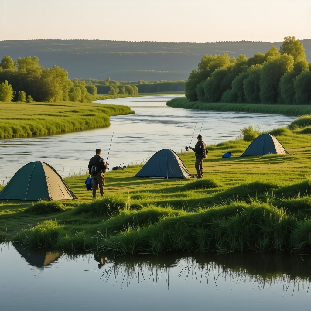 Panoramic sunrise view of Đerdap National Park featuring fishermen and campers by the Danube river