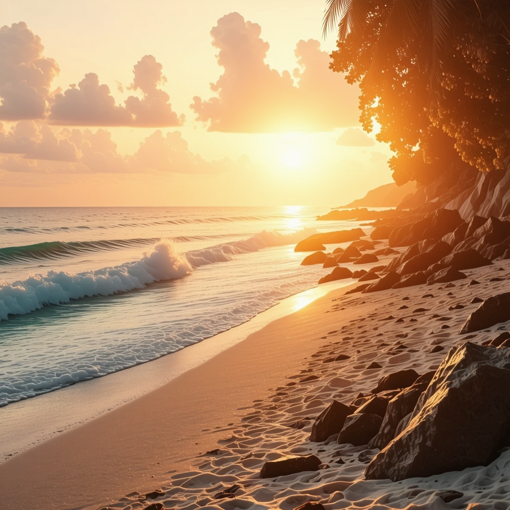 Vibrant sunset scene with beach party and dancing crowd
