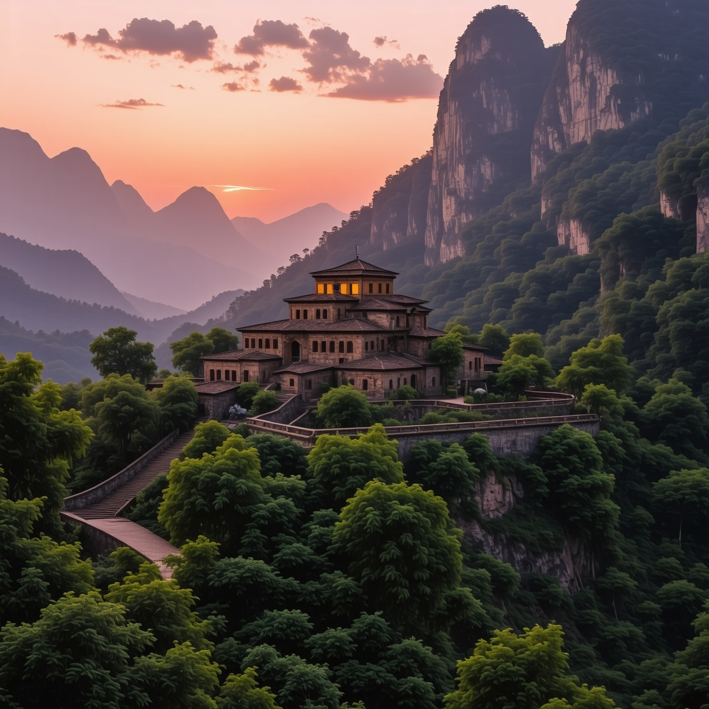 Sunset over an ancient monastery in lush mountains, symbolizing spiritual serenity and cultural depth.