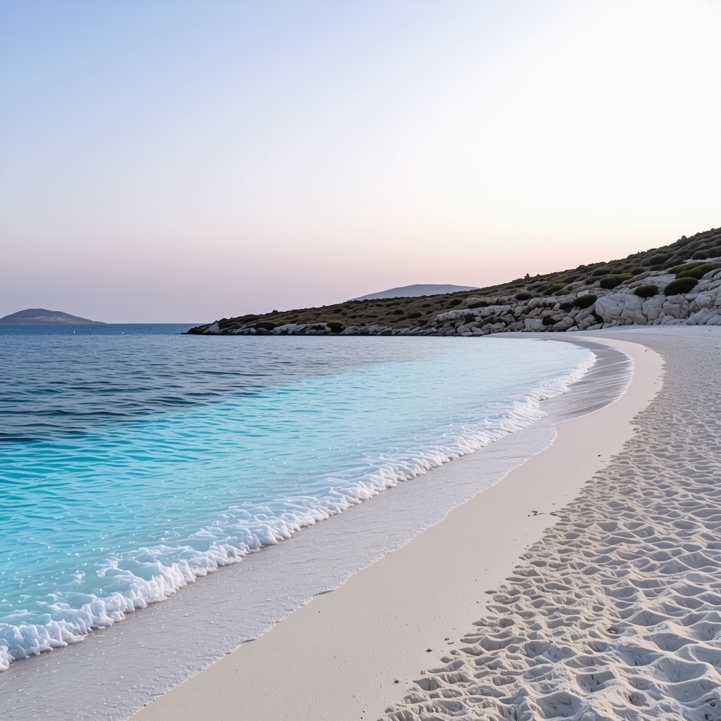 Sunset over Mikonos beach with clear blue water and white sand
