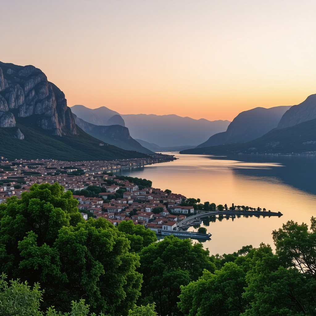 Panoramic sunset view of Kotor's historic city walls and bay