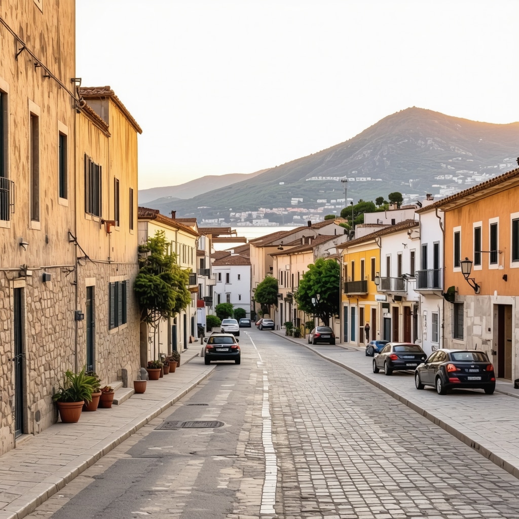 Sunset view of Nafplio old town with colorful buildings and sea