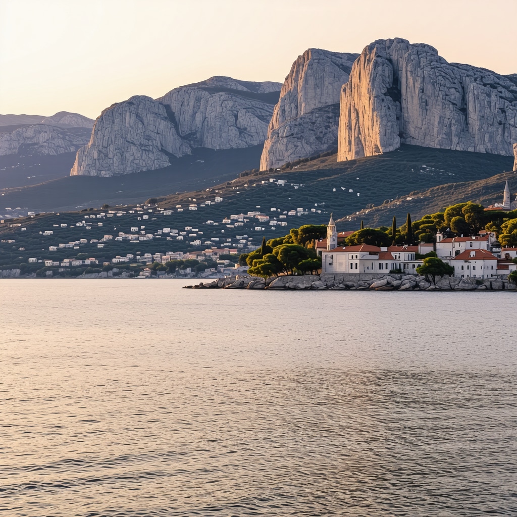 Beautiful sunset view of Omiš with mountains, sea, and historic sites