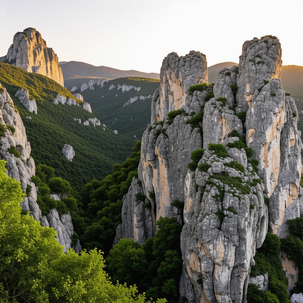 Sunset view of rugged cliffs and lush greenery in Paklenica