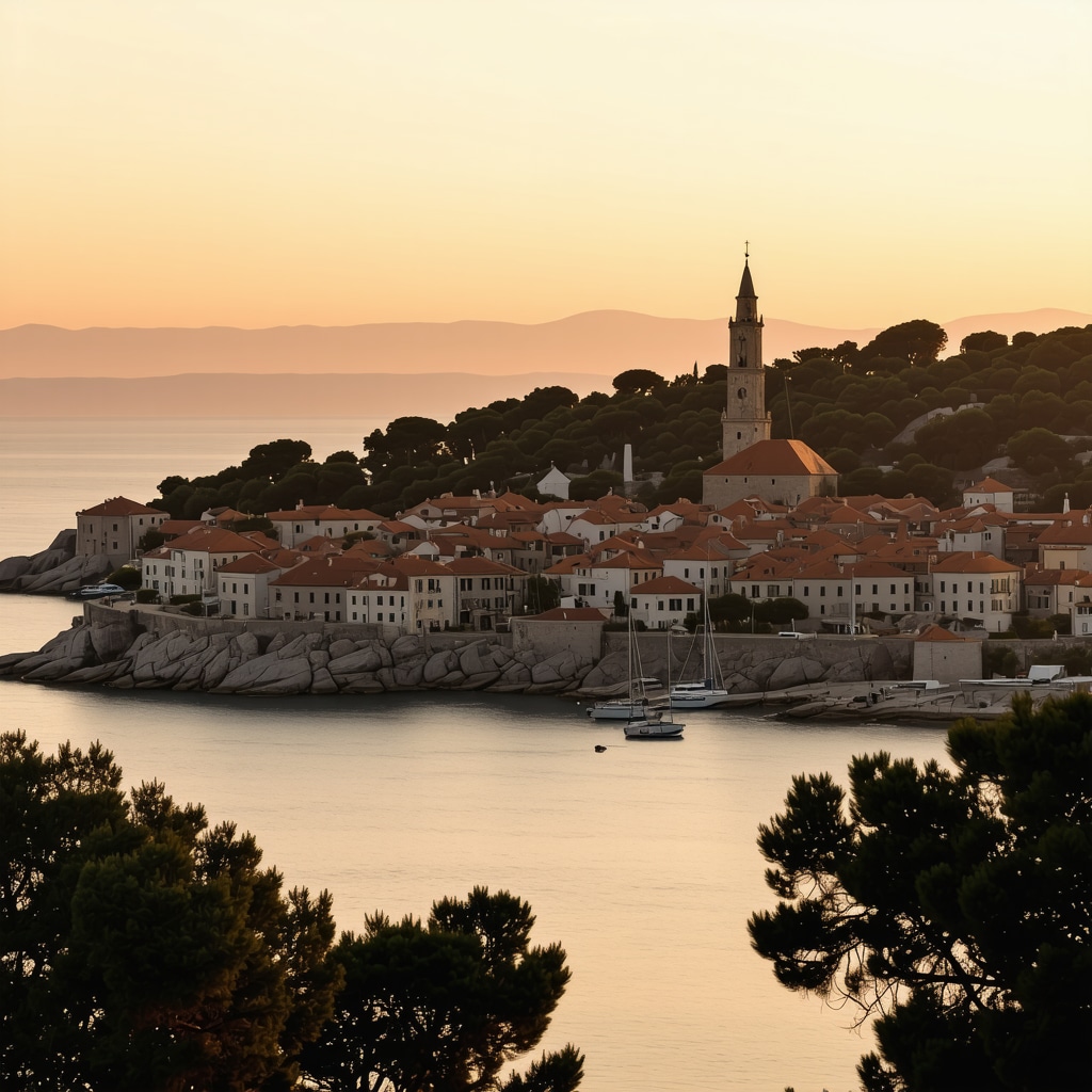 Panoramic sunset view of Rovinj's old town and harbor, Mediterranean scenery