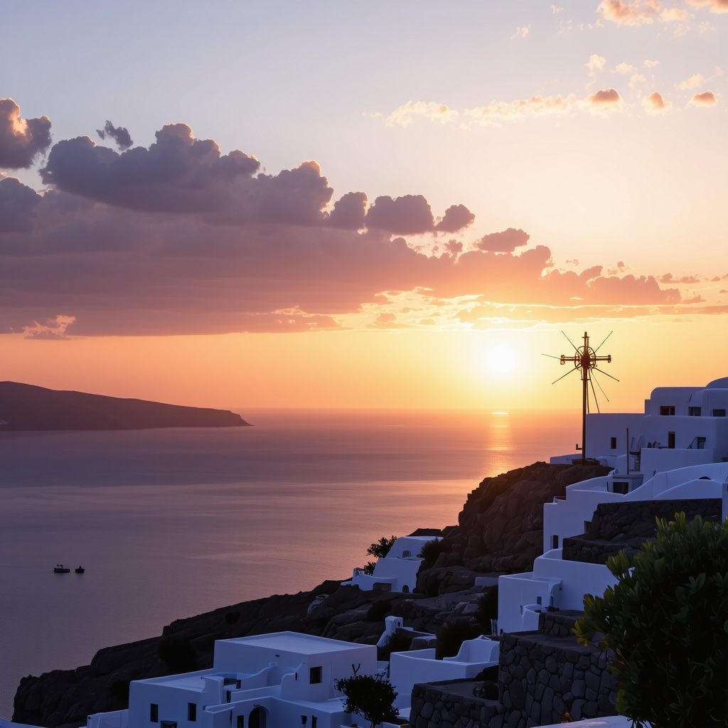 Romantic sunset scene on Santorini with vibrant colors and calm sea