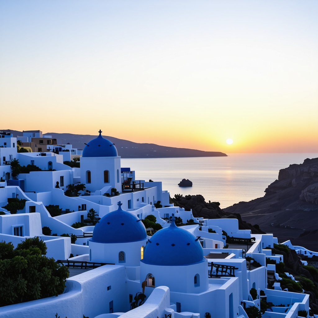 Sunset view of Santorini with white buildings and blue domes