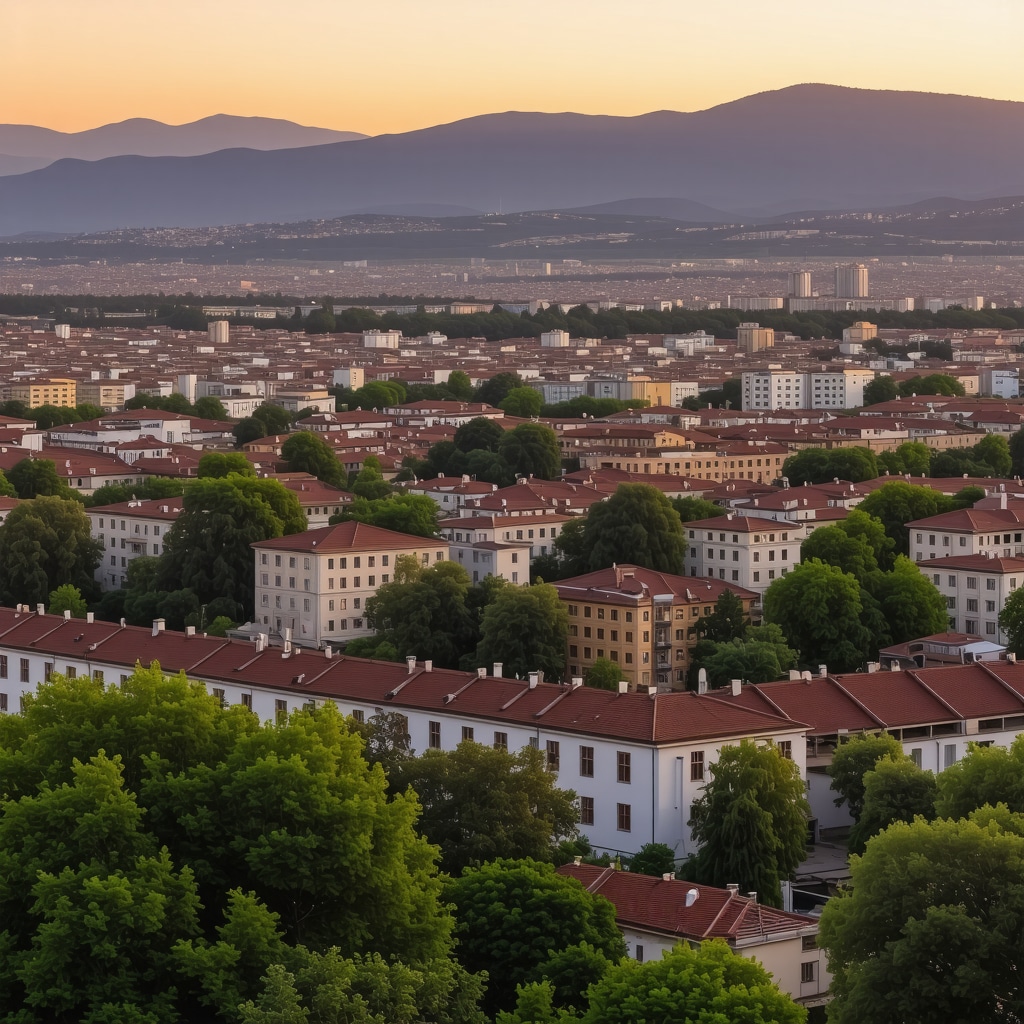 Panoramic view of Skopje at sunset showcasing historic and modern architecture