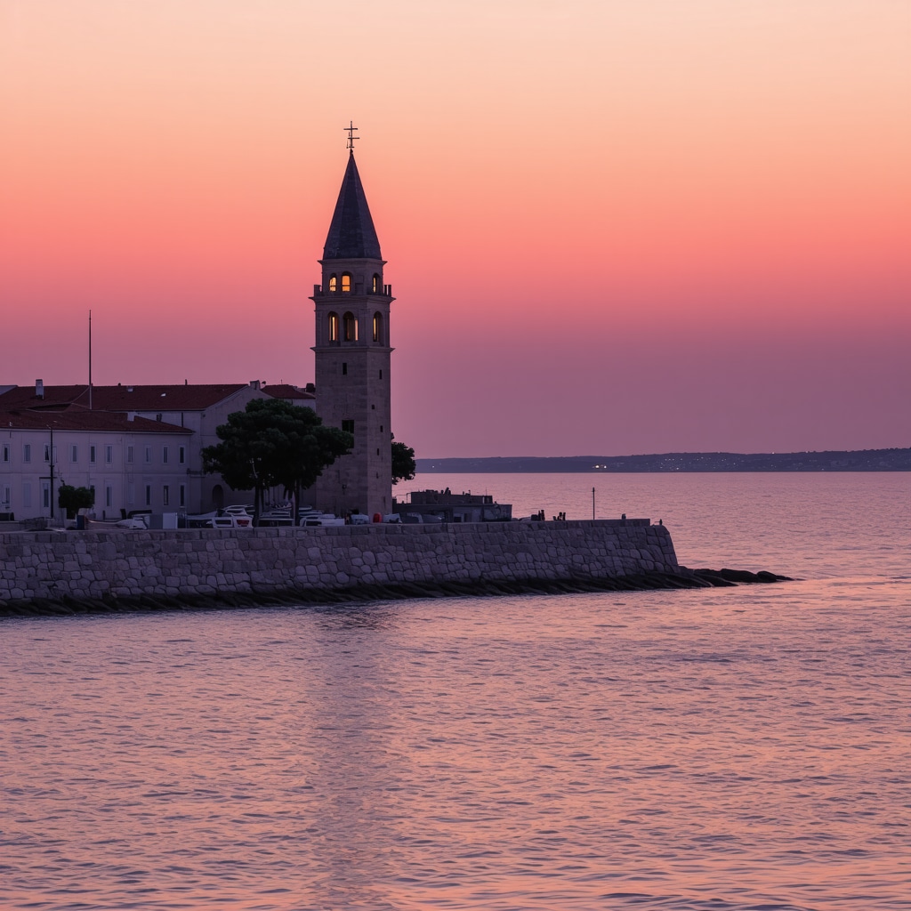 Sunset view of Zadar's historic city and sea