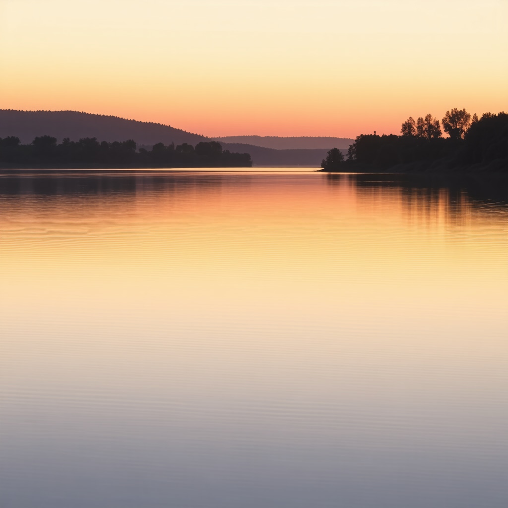 Beautiful sunset over calm lake with natural landscape