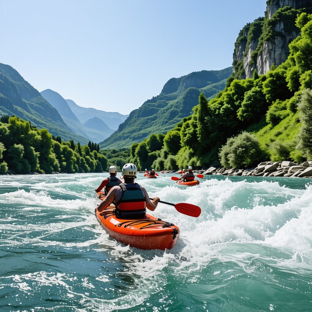 Kayakers on Drina River surrounded by green mountains in Foča