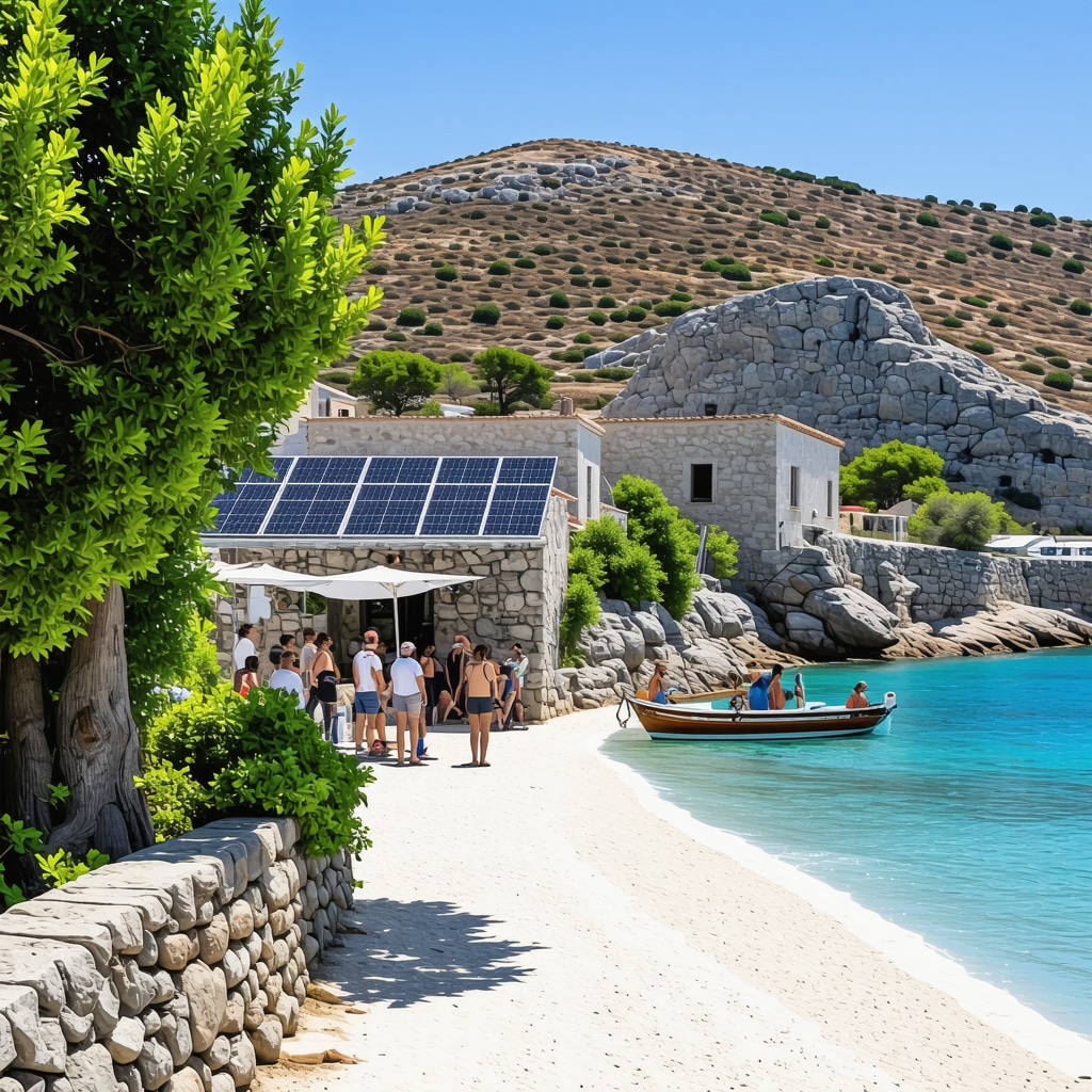 Traditional Halkidiki coastal village with modern sustainable tourism elements like solar panels and tourists at cultural workshops near monasteries