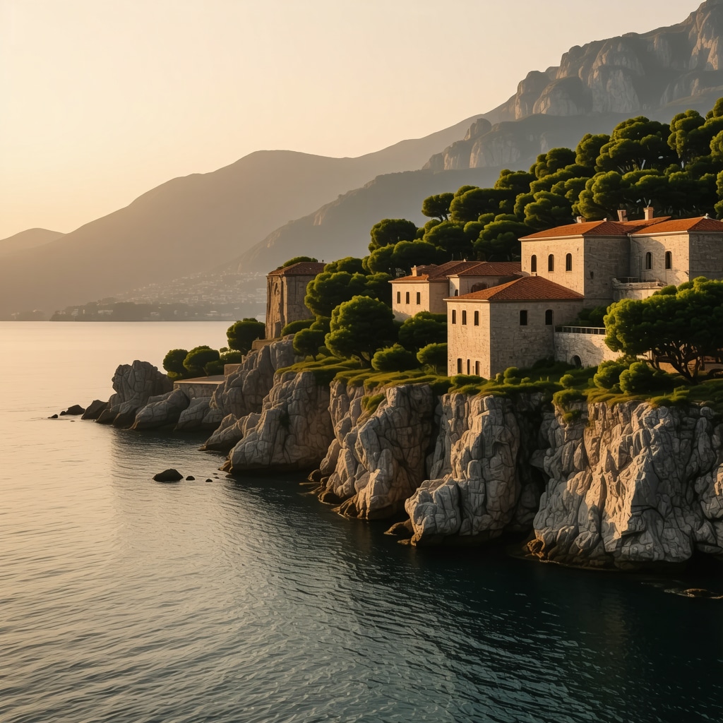 Panoramic image of Sveti Stefan island showing historic stone buildings alongside modern luxury elements with Adriatic Sea and sunset