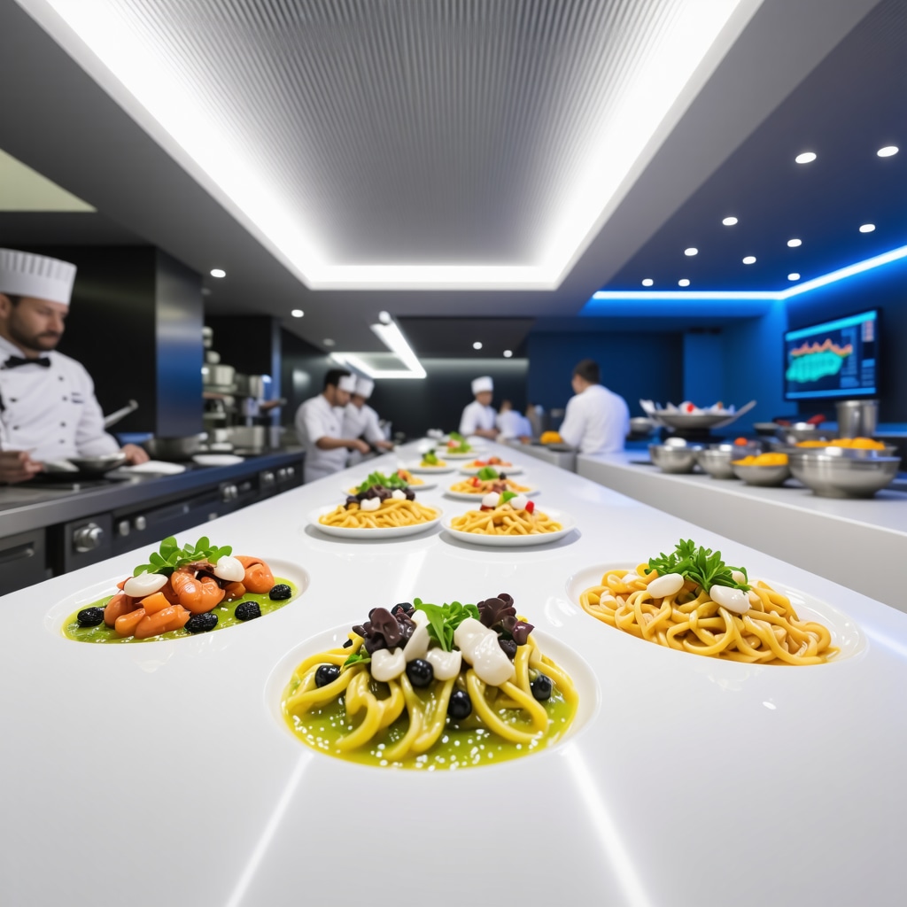 Chefs in a modern kitchen preparing traditional Istrian dishes using molecular gastronomy and digital supply chain technologies