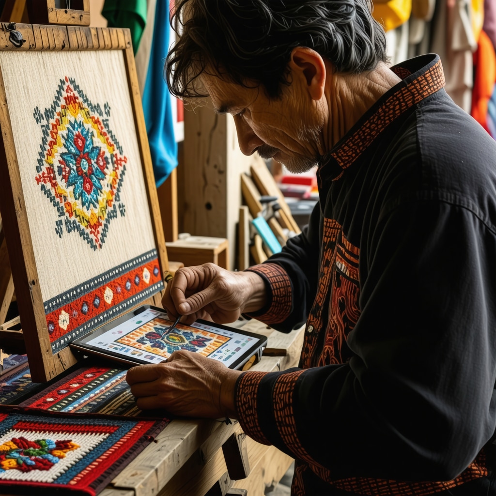 Tetovo craftsman demonstrating traditional embroidery alongside a digital tablet in a cozy workshop