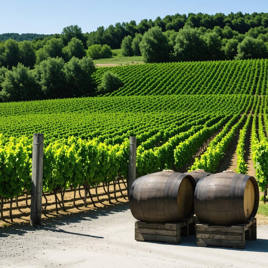 Vineyard in Tikveš with sensors and traditional wine barrels showcasing innovation and heritage