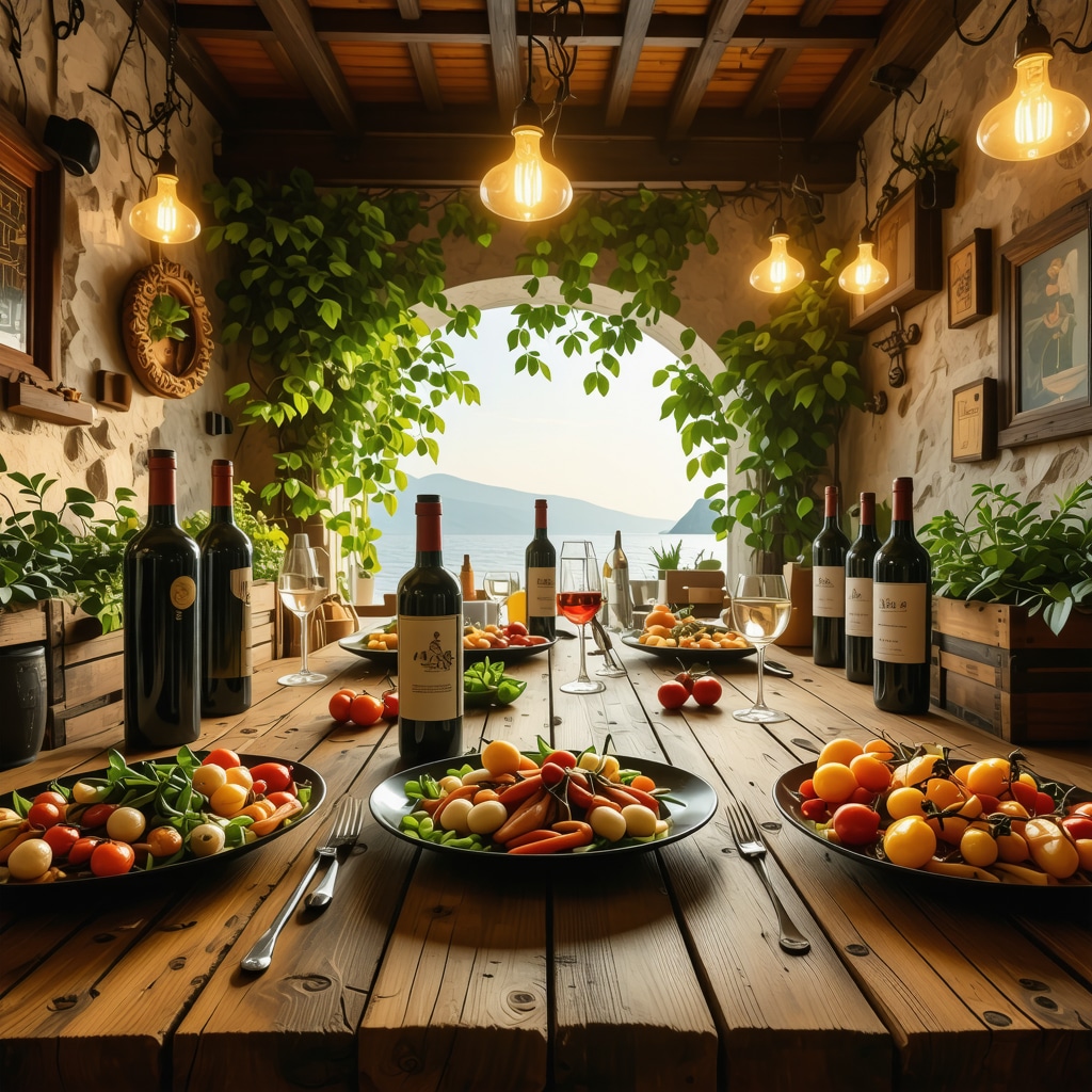 Rustic interior of a Dalmatian konoba with fresh seafood dishes and local olive oil bottles