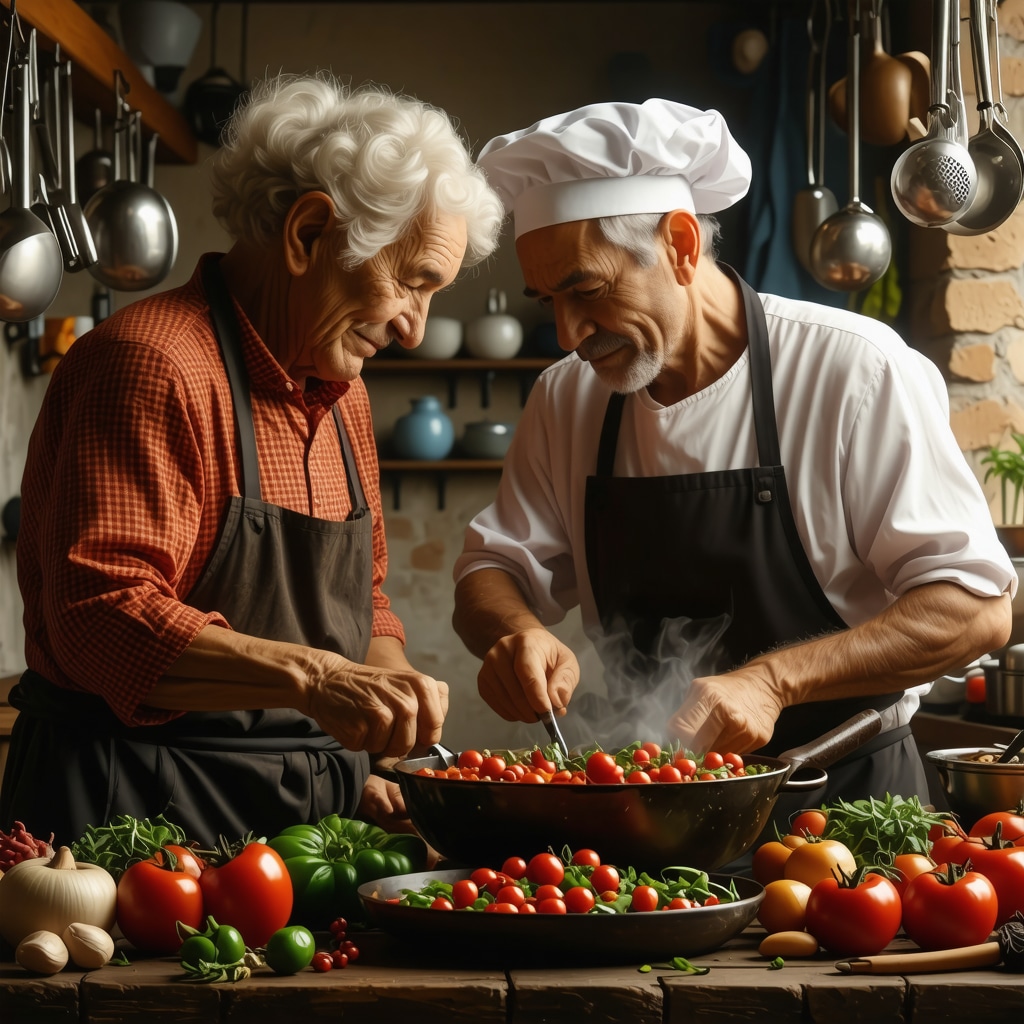 Elderly and young chefs preparing traditional Macedonian tavče gravče with modern and traditional tools in a rustic kitchen