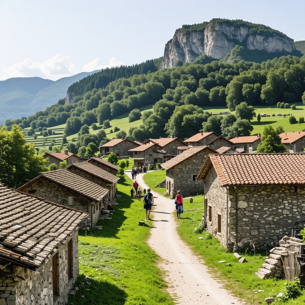 Scenic view of Balkan mountains with traditional villages and tourists