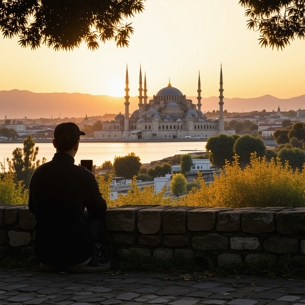Person enjoying sunset view of Selimiye Mosque in Edirne