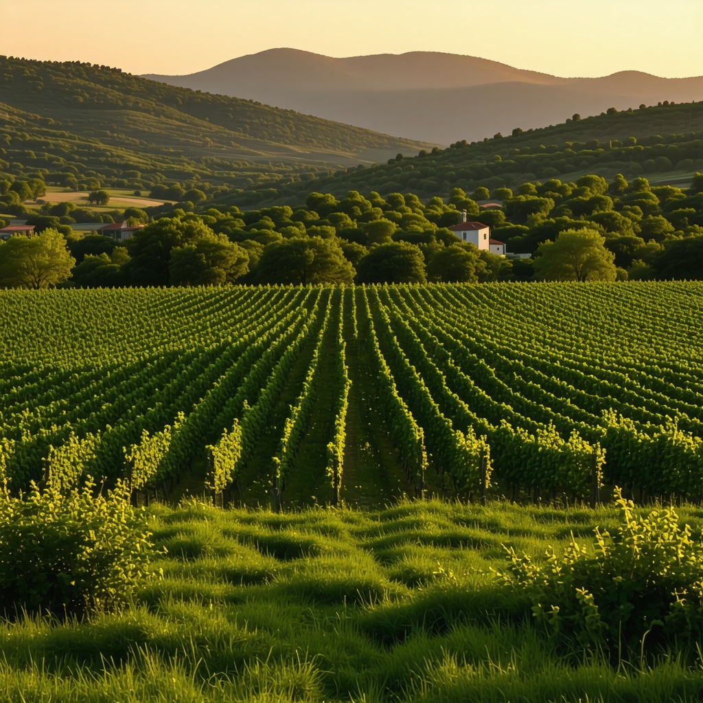 Sunset over Trebinje vineyards with rolling hills and traditional wine cellars