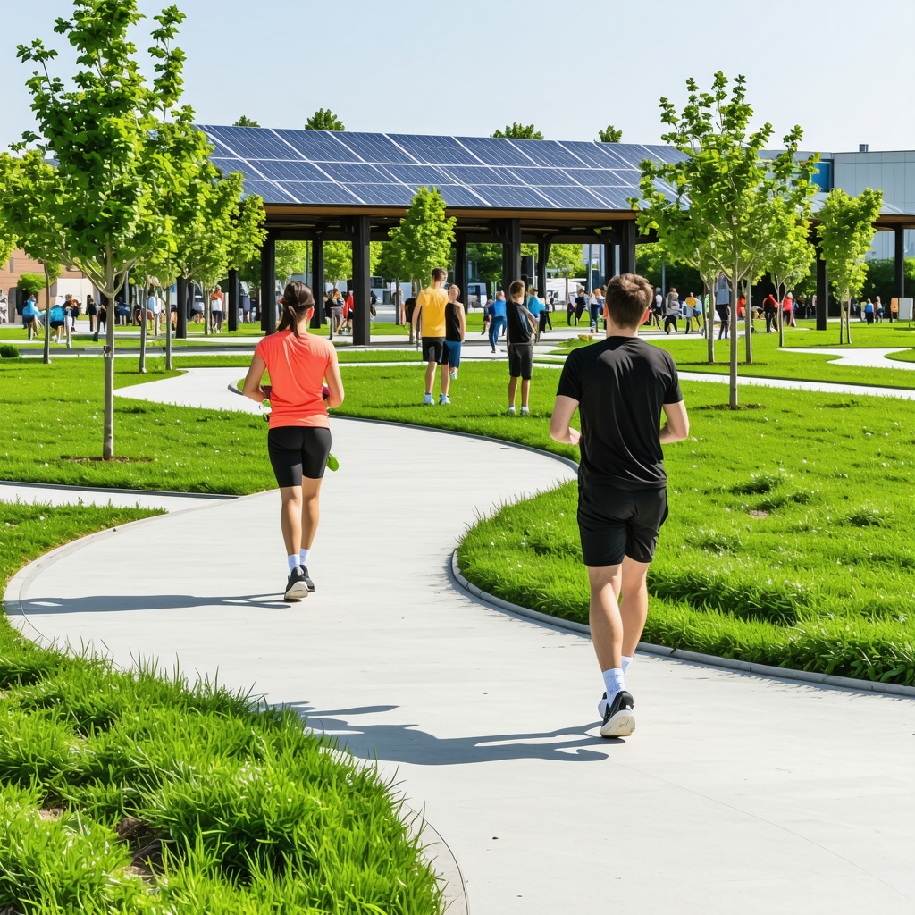 Athletes in Varna using wearable tech in a green urban park with sustainable infrastructure