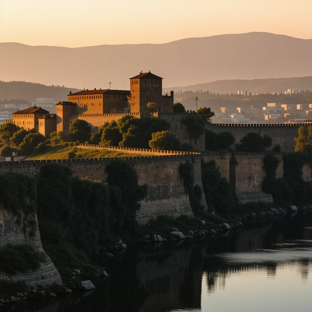 Sunset over Veliko Tarnovo fortress highlighting its medieval architecture and scenic landscape
